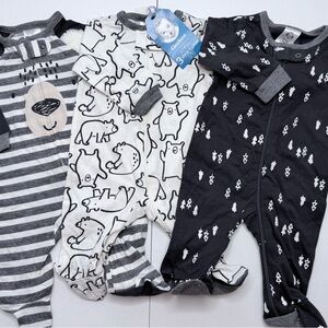 Gerber Black, White & Gray Bear Print Footed One-Pieces (3-Pack)